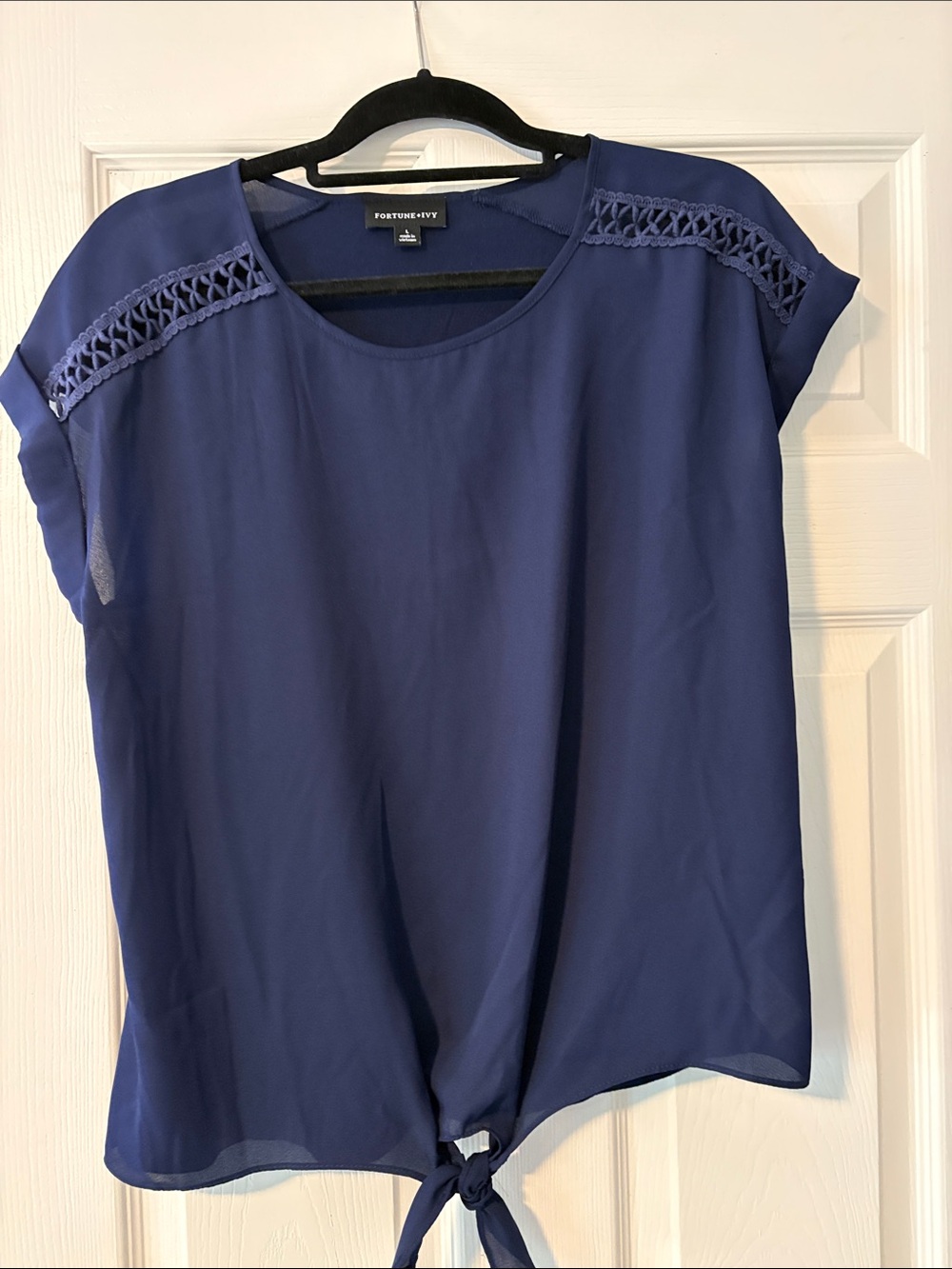 Navy Tie-Front Blouse short sleeve